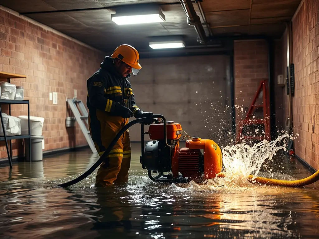 A team of Assured Recovery technicians using industrial-grade water extraction equipment in a flooded residential basement, showcasing their expertise in water damage restoration.