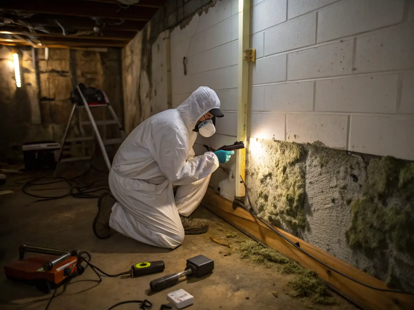 An Assured Recovery technician wearing protective gear, carefully inspecting and treating mold growth on a damp wall, demonstrating their expertise in mold remediation.