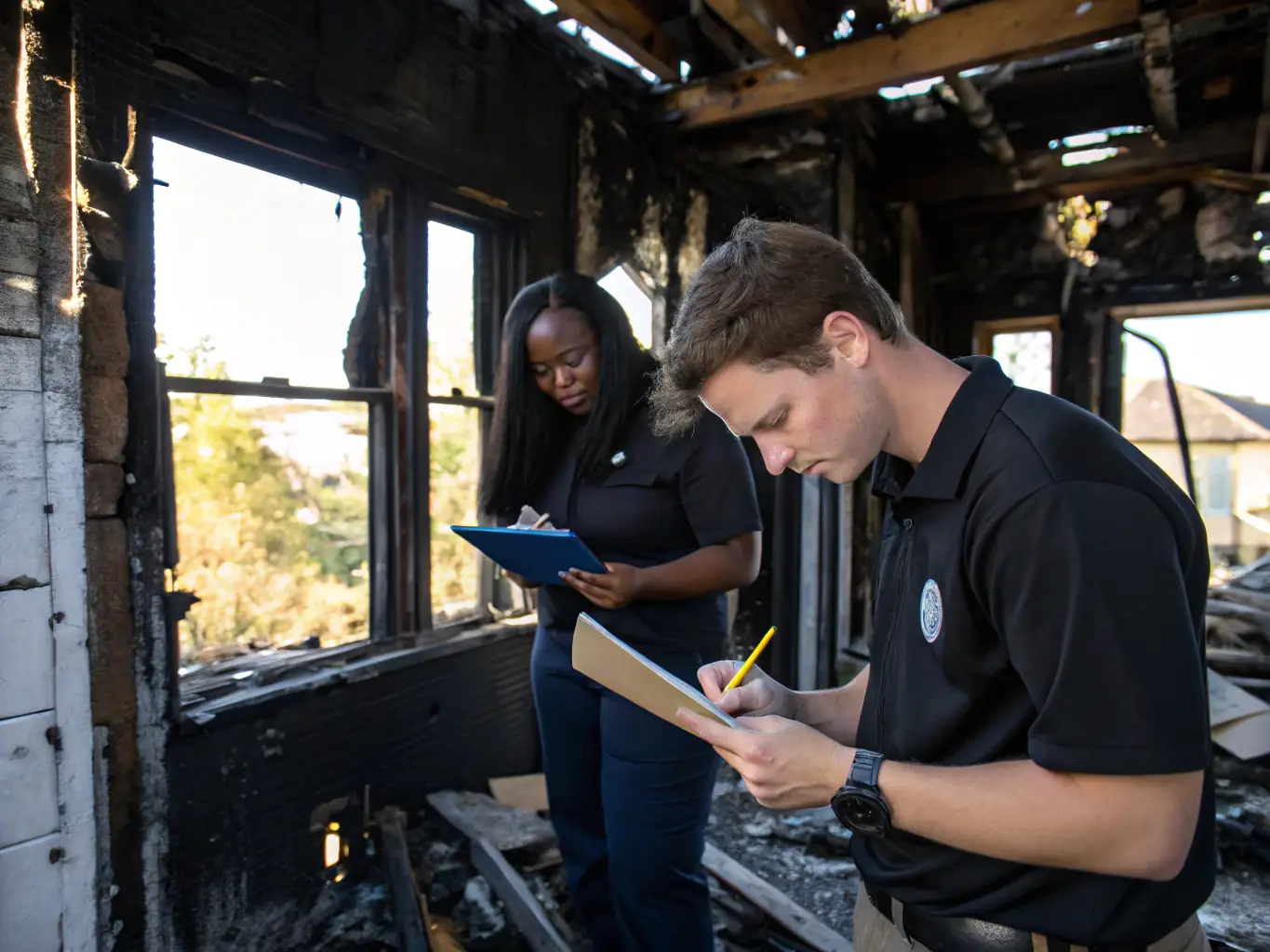 An image showing a home interior after a fire, with visible smoke and soot damage, alongside restoration specialists assessing the damage and planning the cleanup process.