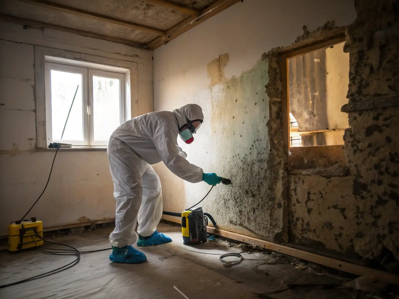 A close-up image of mold growth on a damp wall, with a restoration worker in protective gear inspecting the area, highlighting the importance of professional mold remediation services.