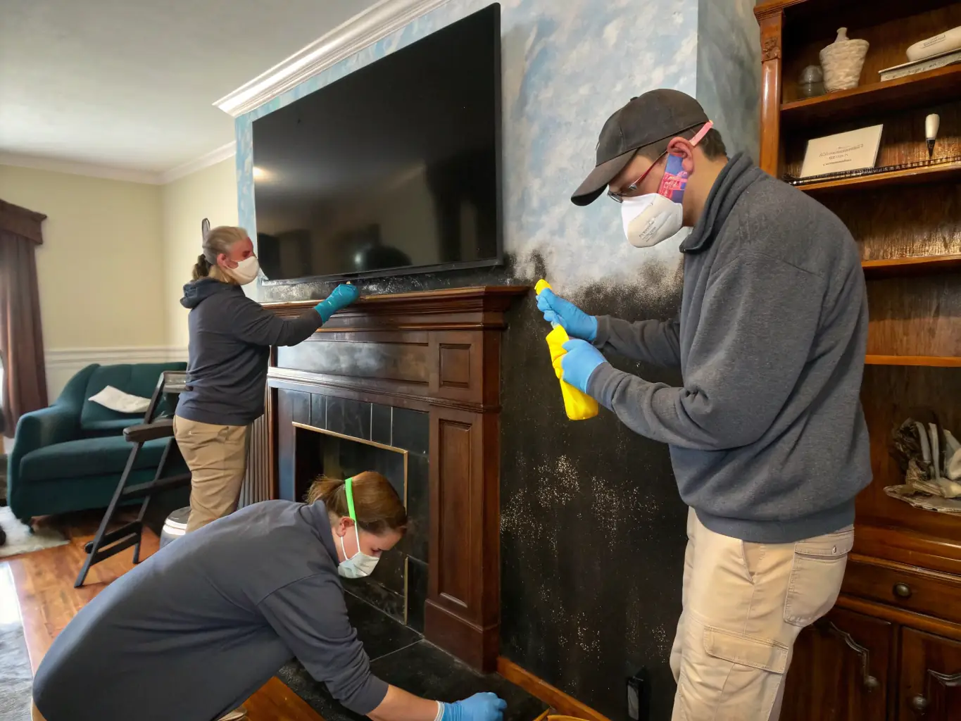 Assured Recovery technicians meticulously cleaning soot and smoke residue from the walls of a fire-damaged home, highlighting their commitment to thorough fire and smoke restoration.