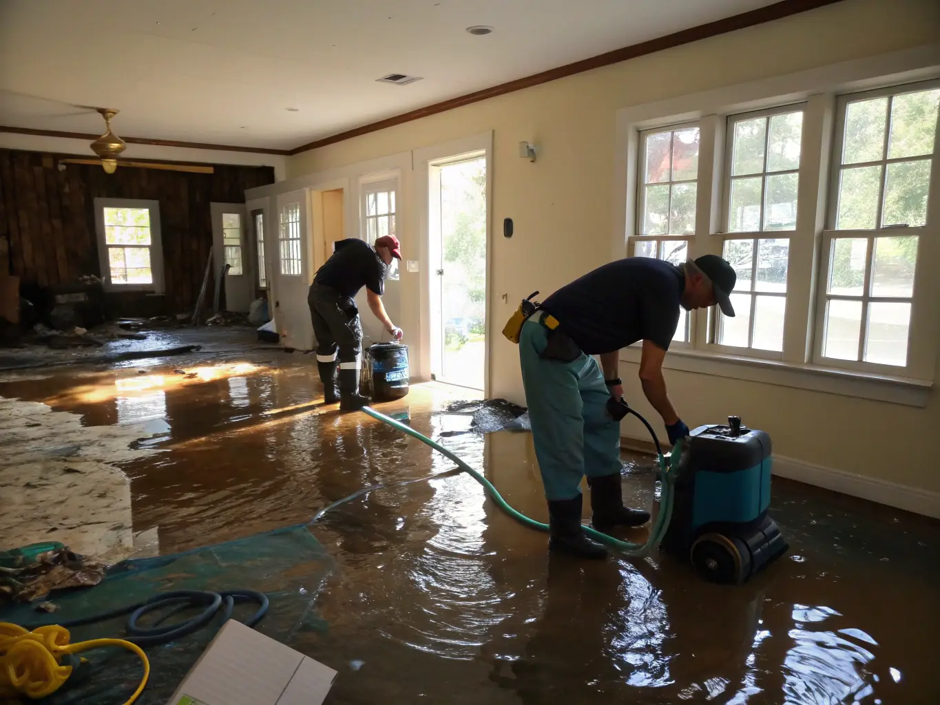 A high-resolution image depicting a flooded living room with restoration workers using water extraction equipment, emphasizing the urgency and professionalism of water damage restoration services.